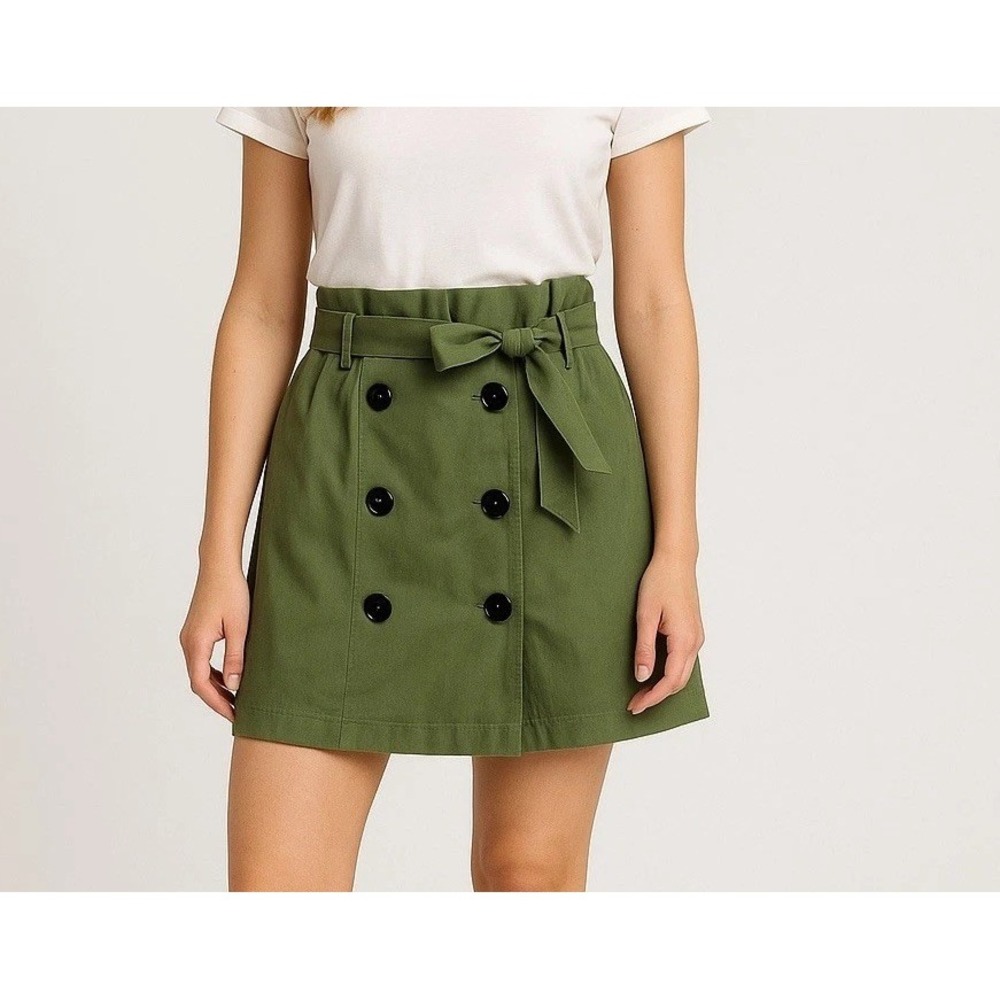 Lulus Womens Mini Skirt Olive Green Sz L High Waist Front Button Tie Belt Cotton